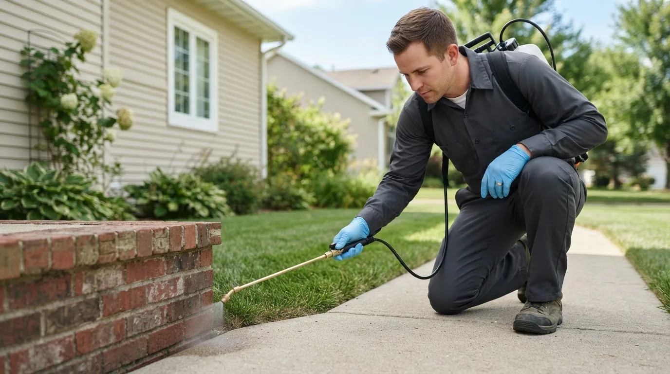 Pest control technician treating a home near Senecaville, OH