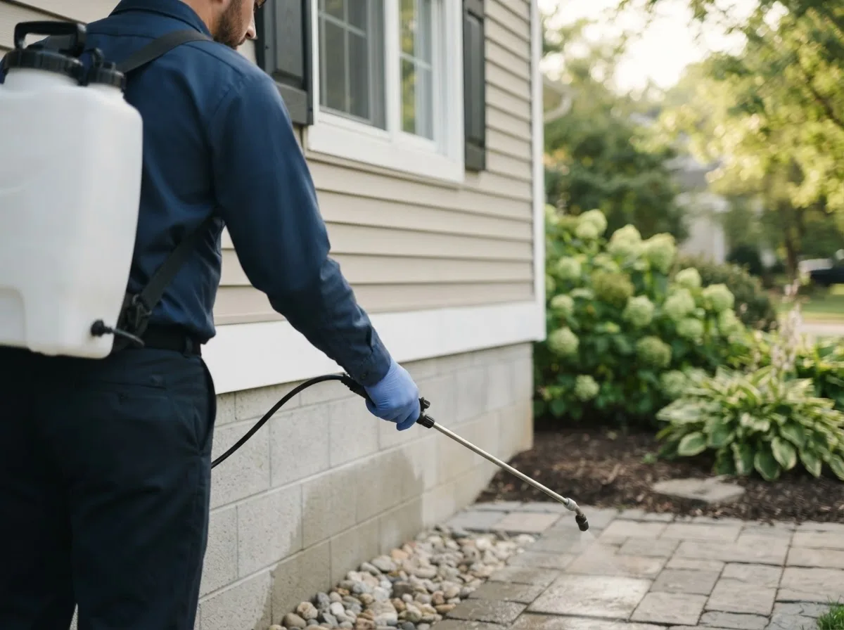 Pest control technician inspecting a home in Senecaville, OH